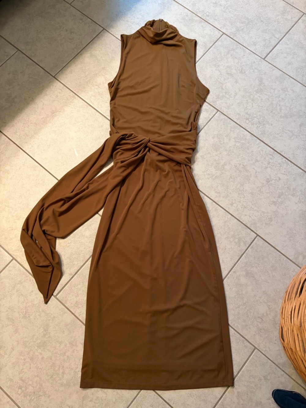 Zara Brown Sleeveless Midi Dress with Twisted Waist Sash